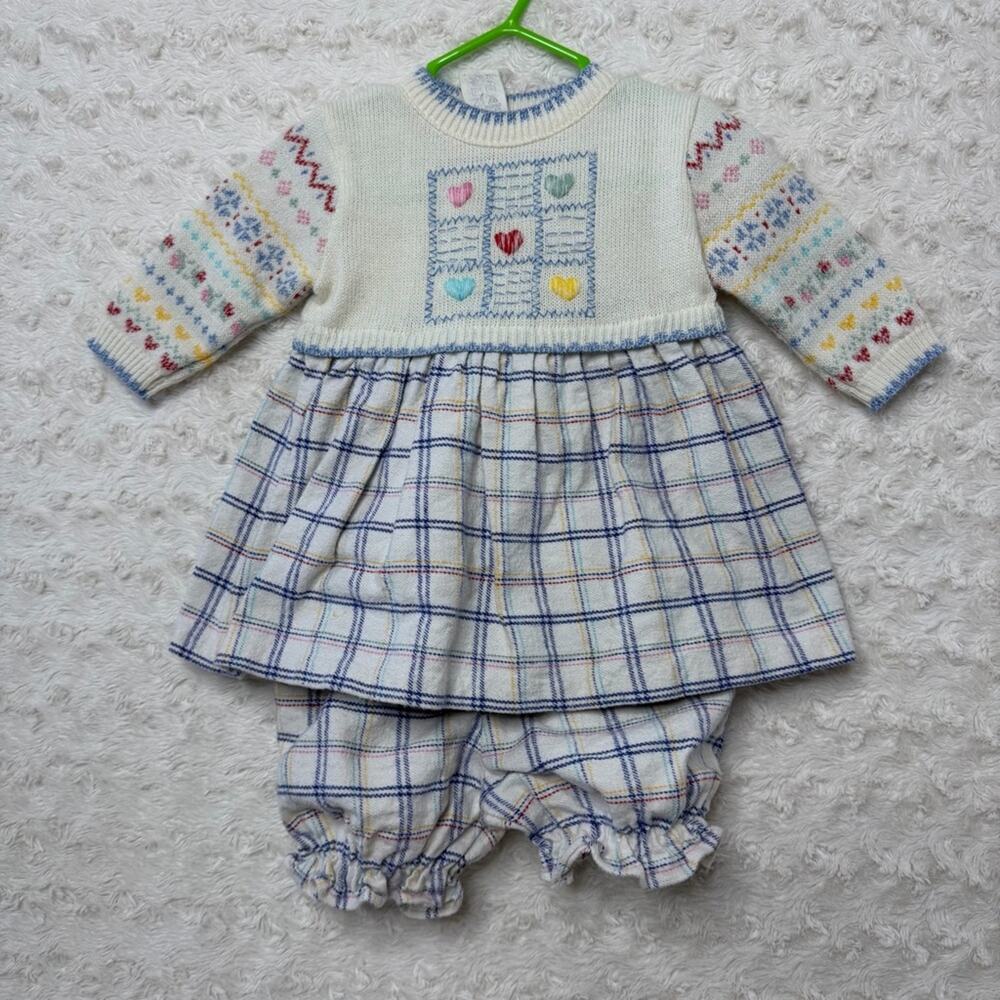 Vintage Sweater & Flannel Infant 2 piece Dress Hearts Flowers 3/6 months CUTE
